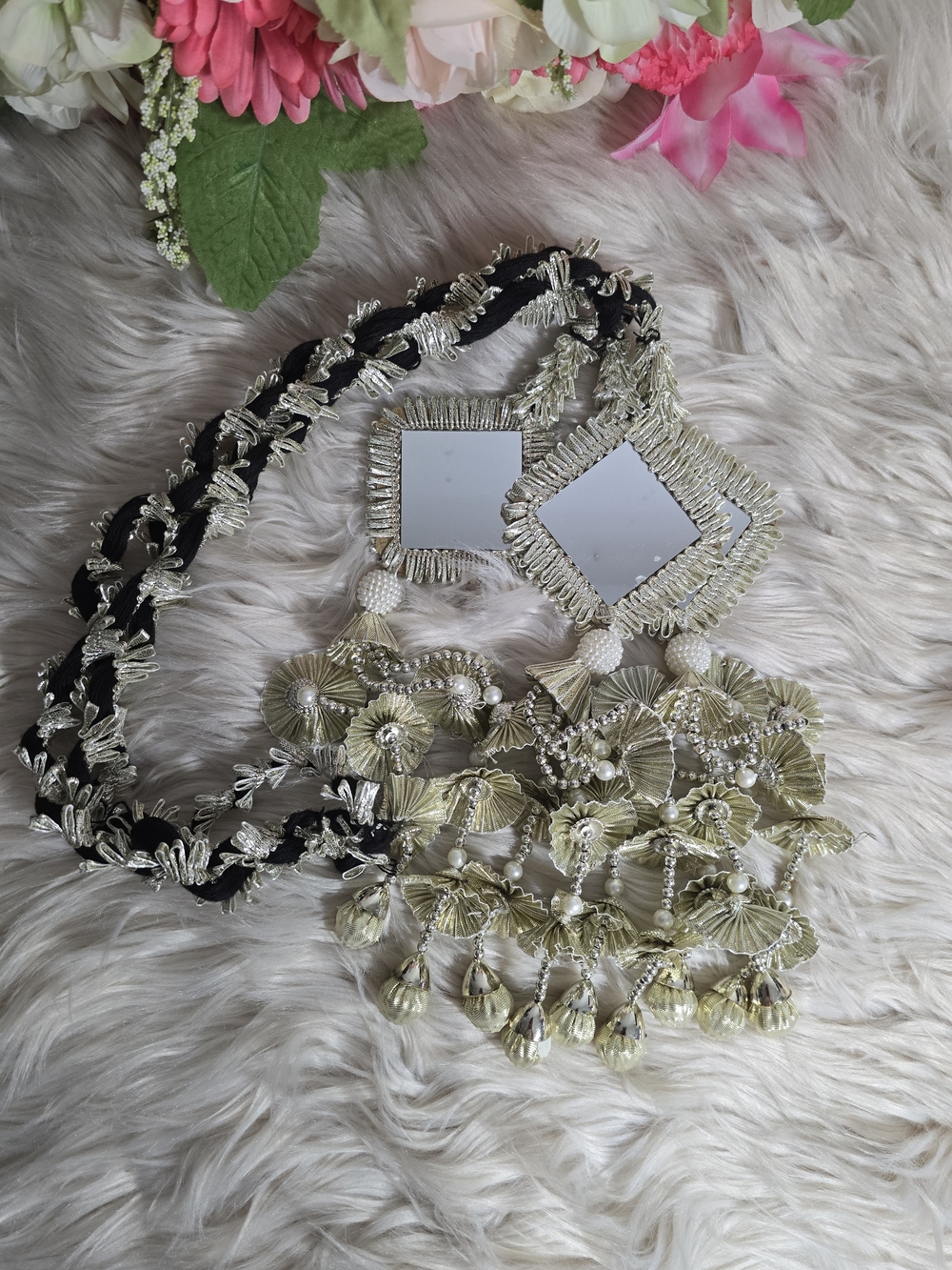 Handcrafted Silver-Tone Mirror Tassel Parand - Silver